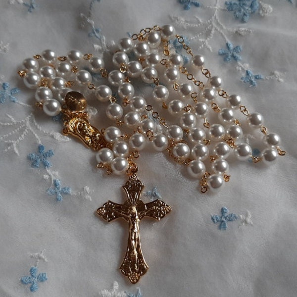 Wedding White Czech Glass Pearl Rosary in Gold