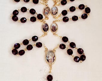 7 Sorrows Rosary Chaplet Dark Garnet Glass Gold or Silver Finish