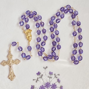 Amethyst Purple AB Czech Crystal Rosary in Gold or Silver, 8mm or 6mm