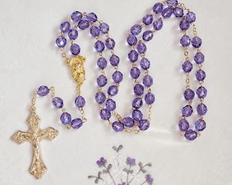 Amethyst Purple AB Czech Crystal Rosary in Gold or Silver, 8mm or 6mm