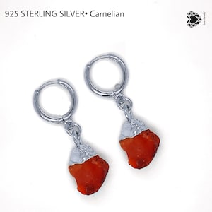 Raw Carnelian Huggies Hoops Gold Earrings, Carnelian 925 Silver Charms Earrings, Dangle Earrings, Birthstone Earrings, Handmade Jewelry