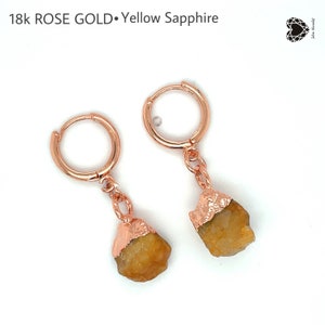 Yellow Sapphire Raw Crystal Hoops Gold Earrings, Raw Birthstone 925 Silver Earrings, Handmade dangle Earrings, Raw Citrine Charms Earrings