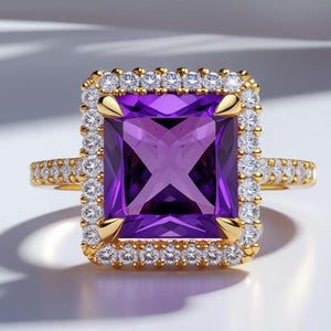 18k Gold Ring Square Shape Princess Cut Amethyst Ring, 18k Rose Gold Halo Ring, Wedding Jewelry, Proposal Ring For Her