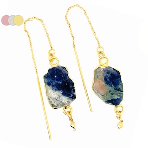 Sodalite Threader Earrings with Crystal Drop, Modern Dangle Earrings, Chic Jewelry, Gift for Her, Stylish Statement