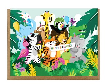 Pode incluir: Um cartão de aniversário colorido com um grupo de animais da selva segurando uma faixa que diz "Feliz Aniversário!" Os animais incluem uma zebra, um tigre, um leão, um hipopótamo, um flamingo, uma girafa, um macaco, um elefante, um crocodilo e um tucano.