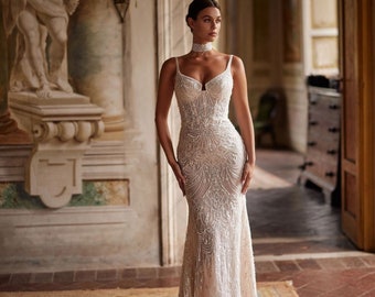 Luxuriöses Glitzer-Spitzen-Meerjungfrau-Brautkleid mit abnehmbarem Tüllzug, glamouröses Ärmel-Korsett-Hochzeitskleid, individuelles Hochzeitskleid