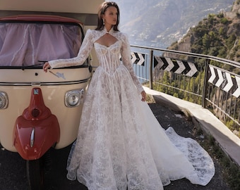 Bohemian Lace Classic A-Line Corset Wedding Dress ,Feminine Bohemian Lace White Bridal Dress ,Captivating Exquisite Boho Corset Bride Dress