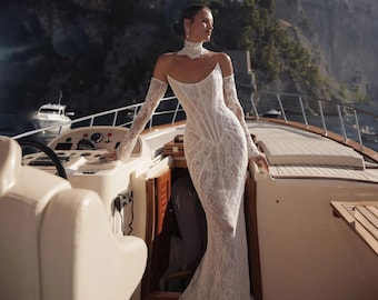 Bohemian Luxury Lace Corset Mermaid White Wedding Gown ,Opulent Lace Mermaid Wedding Attire ,Sophisticated Romantic Bohemian Bridal Dress
