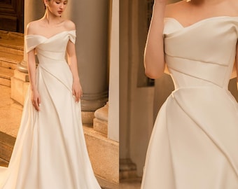 Satin A-line weddig dress, Off shoulder Corset Wedding Gown ,Satin Minimalist Bridal Dress, Custom wedding dress , HOT Wedding Dress 2024