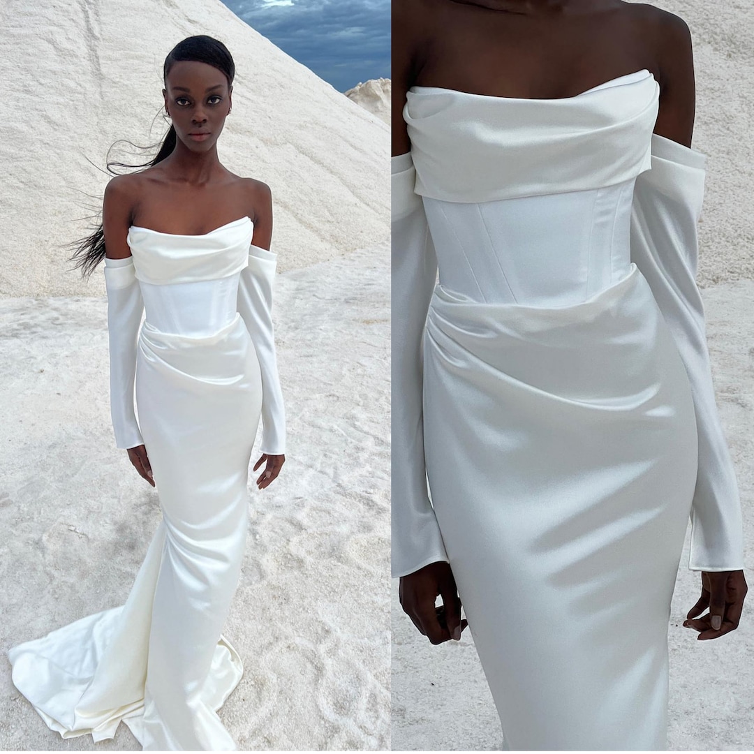 Simple Long Sleeve Wedding Dress, Corset Mermaid Wedding Gown, Satin ...