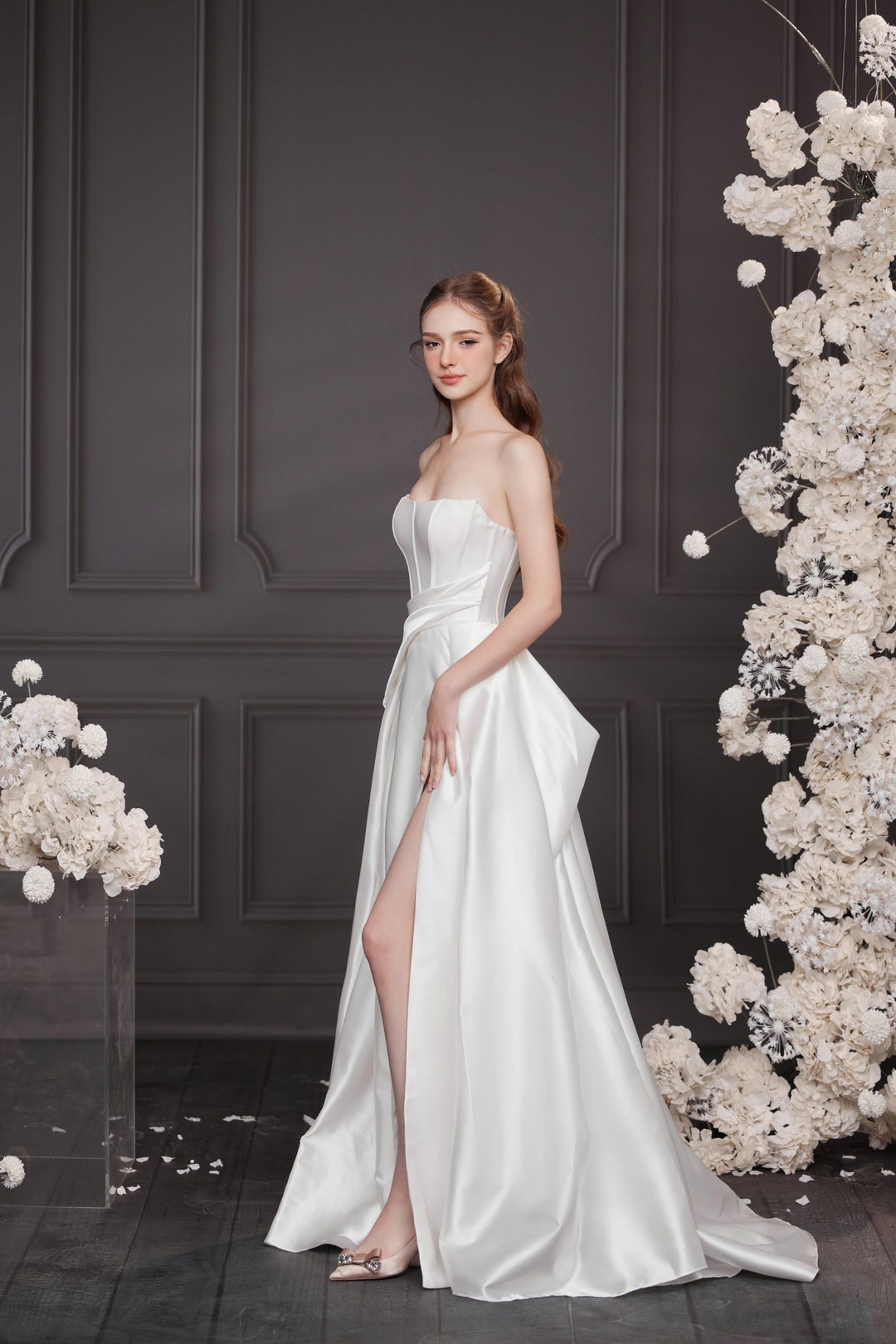 Satin Corset Bridal Dress With High Slit, Sleeveless A Line Bridal Gown ...