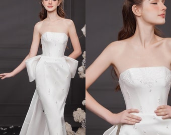 Abito da sposa a sirena in raso, abito da sposa con fiocco sul retro, abito da sposa personalizzato, abito da sposa personalizzato, abito da sposa corsetto minimalista