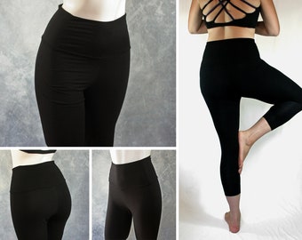 Leggings with high waist. Wide waistband. Organic bamboo- super soft! Black mid calf length, size medium. UK handmade