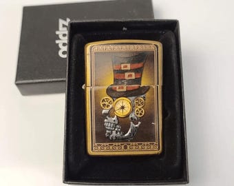 ZIPPO Windproof Lighter Skull And Gears Design Gold Color ZIPPO Brass