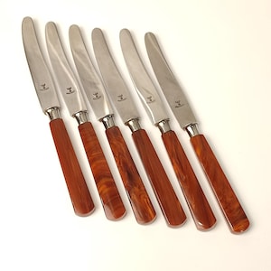 Vintage Germany Rostfrei Knives Set of 6 – Bakelite Handle – Mid-Century Flatware – Brown Swirl Cutlery – Retro Kitchen – Bakelite Knife Set