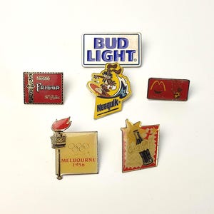 Vintage Pin Badges Lot Merchant Advertisement 6 Bundles – Merchant Bud, Coca-Cola, McDonald’s, Nestlé Collectible Pins