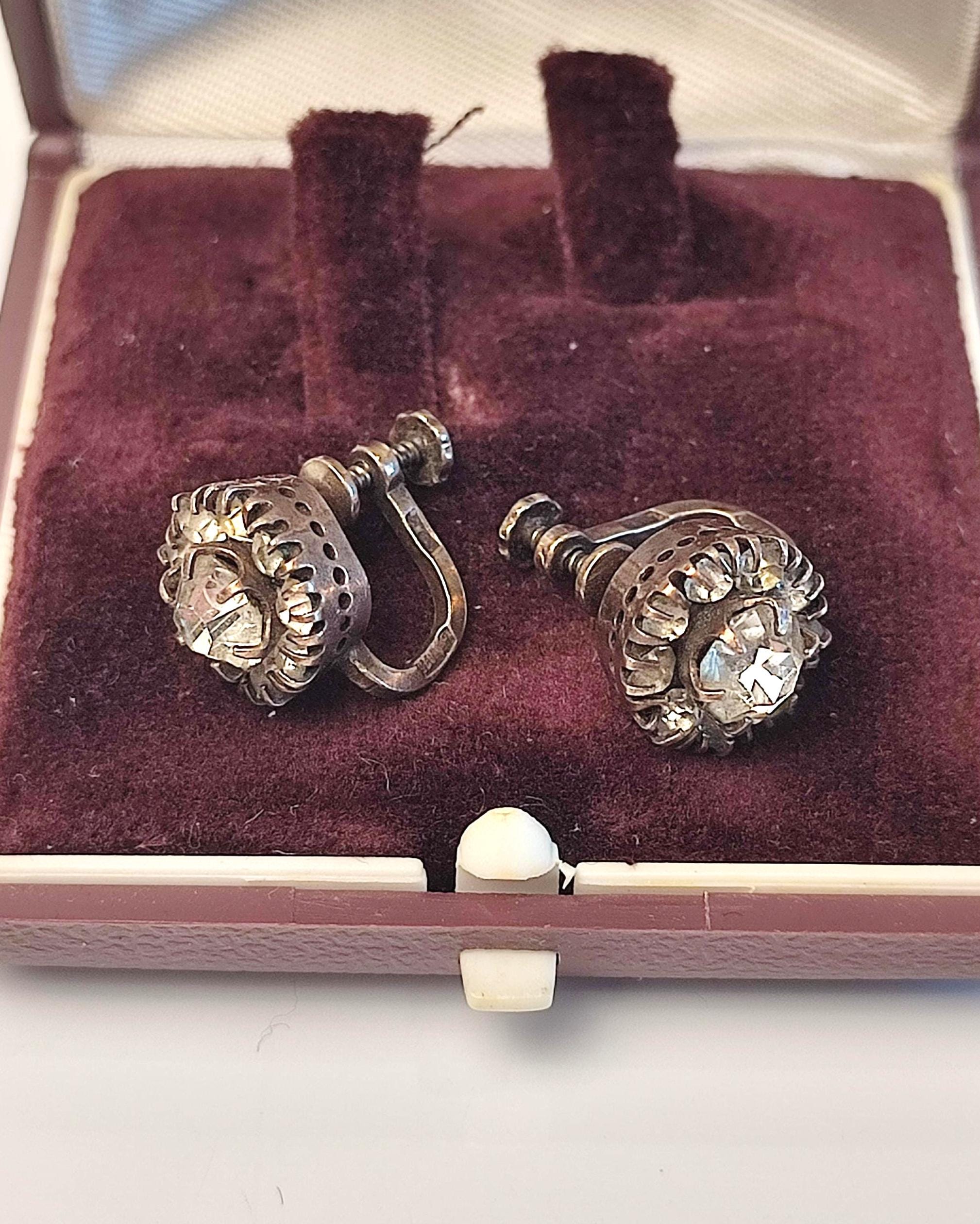 Boucles D'oreilles Anciennes En Argent 875 / Vermeil Rose Avec Strass - Très Bon état