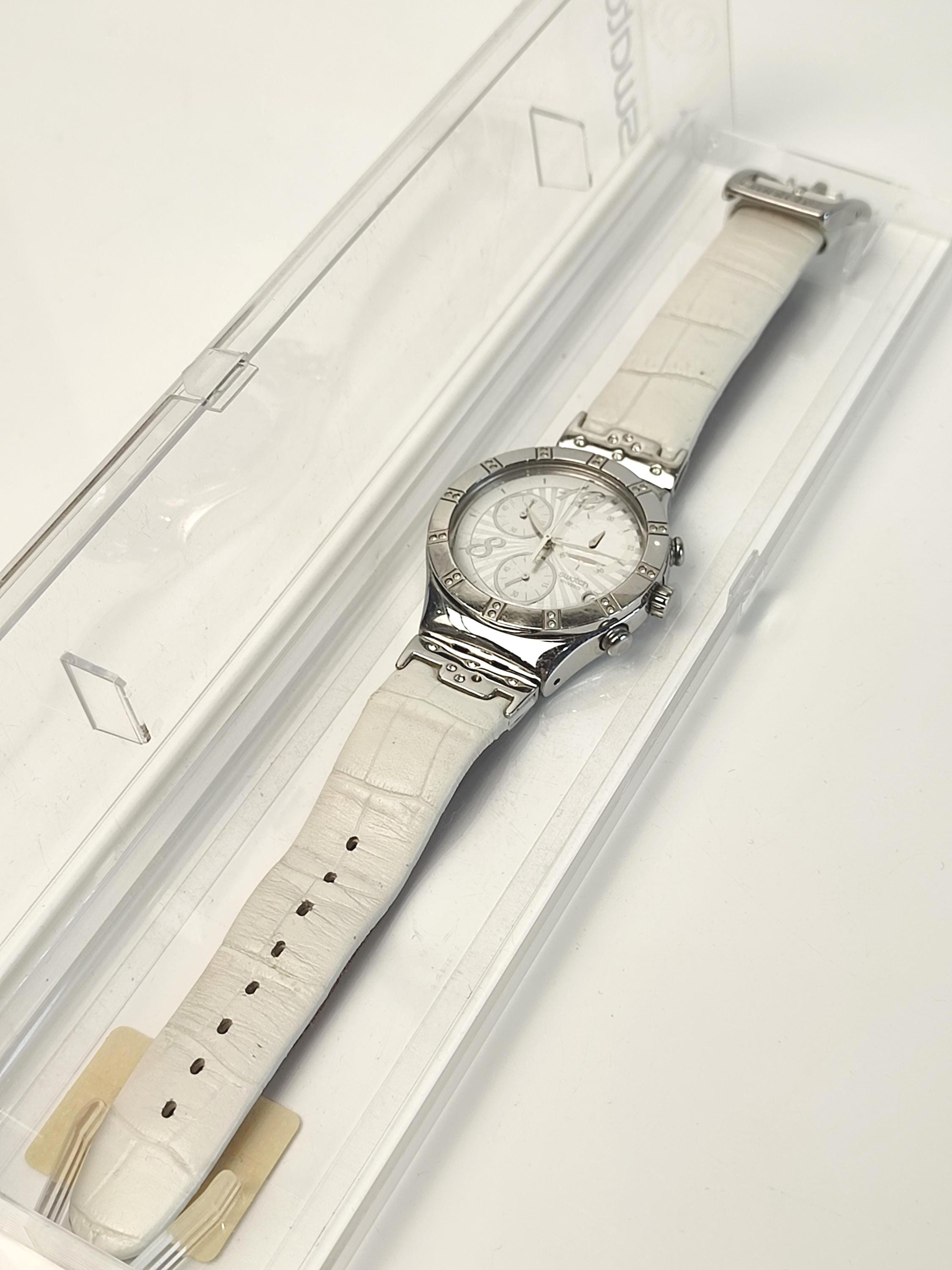 Vintage Swatch Irony Chronograph Watch White Leather Strap Swiss