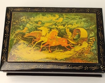 Russian Lacquer Box Vintage Handmade Palekh Mstera Three Horses