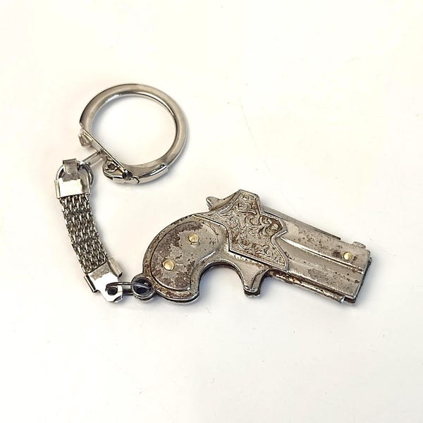 Vintage Gun Knife Keychain Folding Mini Pocket Knife Pistol Shape Keyring 2000s