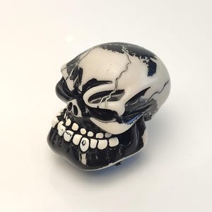 Op de afbeelding: Decoratieve schedel figuur met een zwart-wit ontwerp. De schedel is wit met zwarte marmering en de kaak is zwart met witte tanden. Een uniek decoratief item.