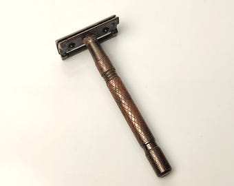 Vintage Metal Safety Razor Brown Patina Three Piece Classic Shaver Retro Old Style