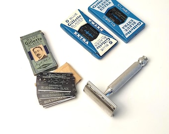 Vintage Gillette Safety Razor with Blades – Rare Lot with 2 Gillette Blue Extra Dispensers + King Gillette Pack – Collectible Gift for Men