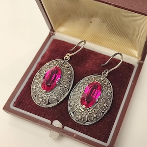 Vintage 875 Silver Ruby Earrings Gold Plated Red Stone Drop Earrings Elegant Classic Jewelry Gift for Women Ruby Hoop Earrings 10g