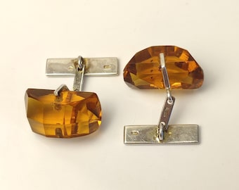 Vintage Silver Cufflinks 875 1970s USSR Czech Glass Yellow wedding cufflinks Retro Silver jewelry
