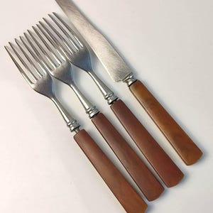 Vintage Germany Flatware Set – 3 Rostfrei Bakelite Forks + 1 Knife – Art Deco Cutlery – German Bakelite Handle Utensils