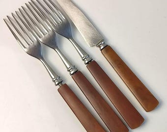 Fourchette à Viande Vintage Inox Manche Bakélite Butterscotch - Occasion