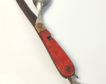 Vintage Metalist Kharkiv Folding Camping Knife Spoon Multi Tool USSR Pocket Knife Red Handle Outdoor Cutlery