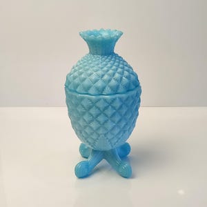 Opaline Glass Antique Portieux Vallerysthal French Opaline Glass Pineapple Jar Vintage Turquoise Blue Candy Dish