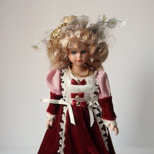 Fancy Burgundy Red White Dress Vintage Collectible Porcelain Doll 32 cm