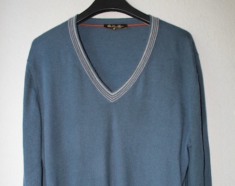 LORO PIANA 100% Cashmere Blue V-Neck Sweater Jumper Pullover Made in Italy