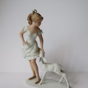 Wallendorf “Girl in Dress with Deer” Vintage Porcelain Sculpture Figurine Statue Thuringia Germany Designed by Kurt Steiner