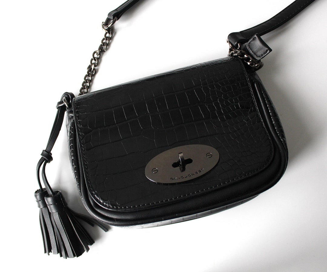 VINTAGE DAVID JONES elegant black handbag with brown and accessories