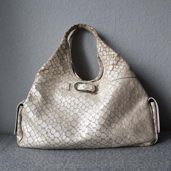 COCCINELLE Cream Pearl Top Handle Hobo Tote Bag - Satchel Womens Handbag - Croc reliëf echt leer