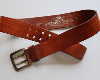 AMERICA TODAY Vintage Brown Leather Belt Made in Italy Metal Square Buckle