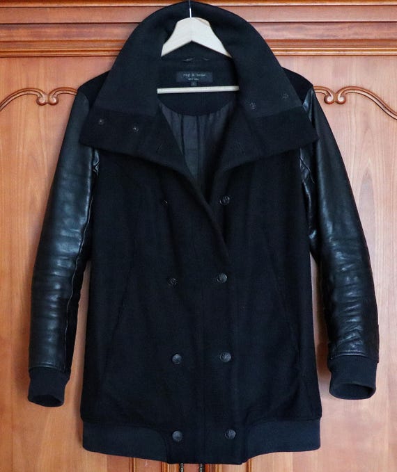 Rag & Bone, RAG & BONE Wool Double Breasted Womens Jacket Pea Coat Leather Sleeves Bemberg Lining