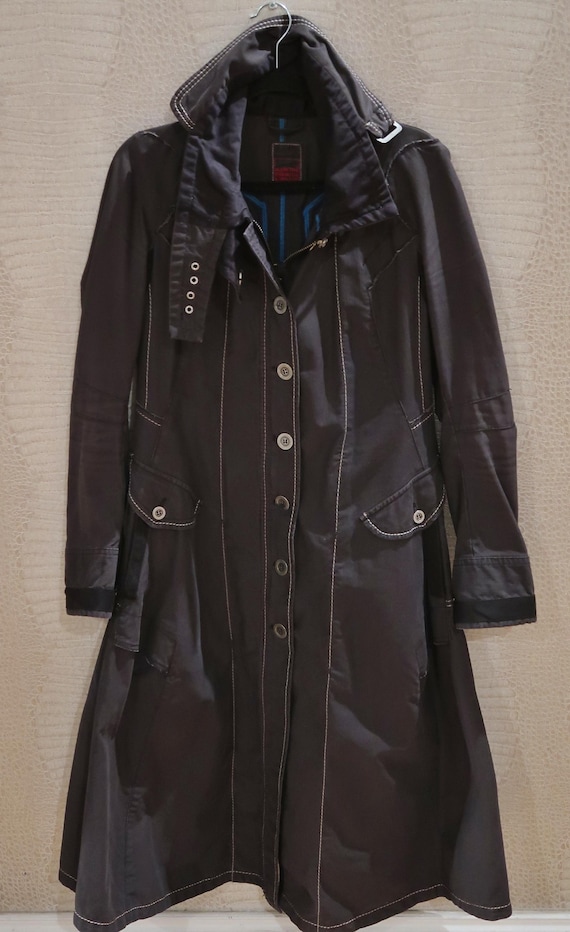 Marithé + François Girbaud, Marithé + François Girbaud Vintage Women Long Trench Coat Dark Grey Cotton