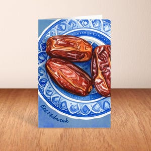 Eid Mubarak Card – Watercolor Dates Illustration, Islamic Greeting (Digital Download)