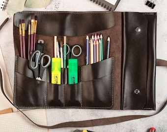 Estojo para ferramentas de artista, estojo de couro para lápis, organizador de pincéis, bolsa para guardar artigos de papelaria, material escolar