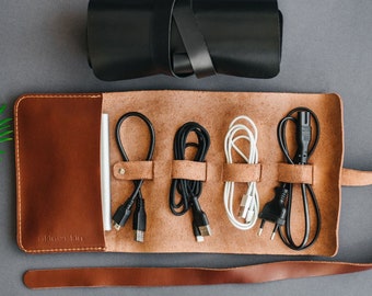 Leather cord organizer, Travel cord organizer, Custom cable roll, Accessories Pouch, Leather cord case, Travel charger roll, Travel gifts