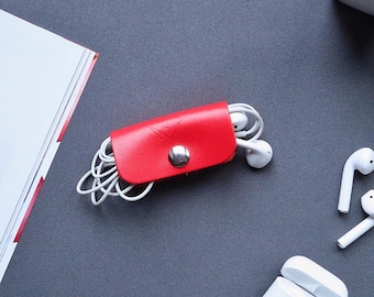 Custom Earphone Organizer, Leather Cable Holder Personalized, Case for Wired Headphones, Cord Keeper, Travel Cord Ties Wrap