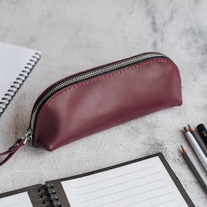 Trousse bordeaux, Pochette en cuir, Trousse zippée personnalisée, Sac de rangement pour pinceaux, Organiseur d'outils, Étui à crochets, Porte-stylo