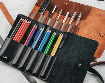 Leather Pen Case Roll-up, Pencil Pouch, Fountain Pen Holder, Graduation Gift, Artist Gift