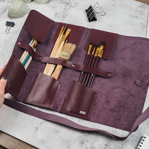 Custodia da viaggio per pennelli da trucco, organizer in pelle per pennelli, porta pennelli da trucco, porta attrezzi per artigianato, regalo per artisti, astuccio per pennelli per pittori