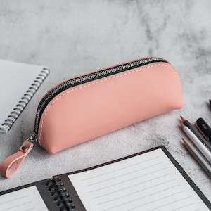 Pink Leather Pencil Case Personalized, Custom Pen Pouch, Makeup Brush Case, Zipper Cosmetic Bag, Paint Brush Storage, Makeup Purse