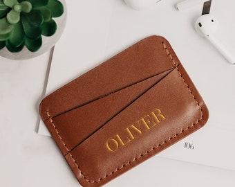 Tarjetero de cuero personalizado, billetera con bolsillo frontal en relieve para hombre, tarjetero personalizado, billetera compacta minimalista y delgada, regalo para papá.